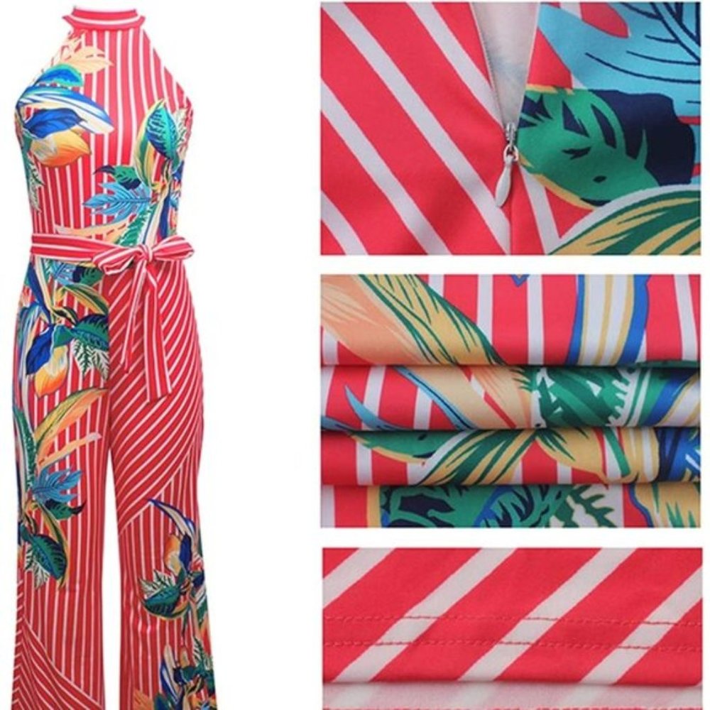 NWT High Neck Wide Leg Tie Waist Tropical Jumpsuit - Picture 6 of 6